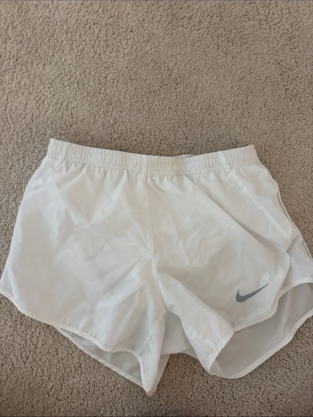 Nike Women's White Athletic Running Shorts with Gray Swoosh